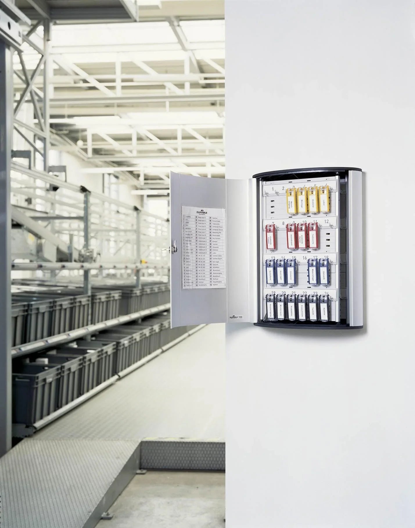 Durable Key Cabinet open with Key Tags showing.