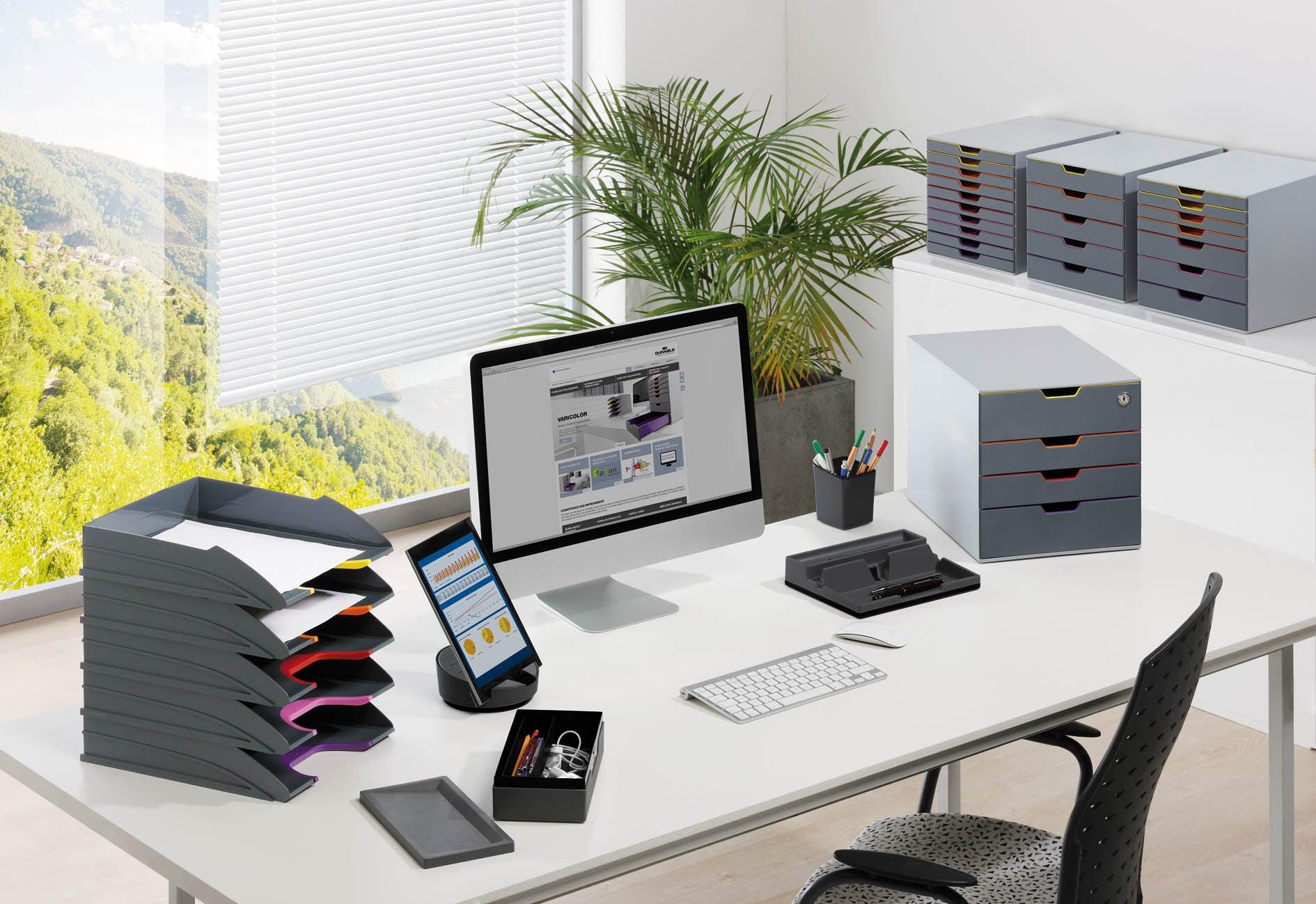 Collection of Durable Varicolor drawers, tablet holders, desk mats and paper filing drawers.