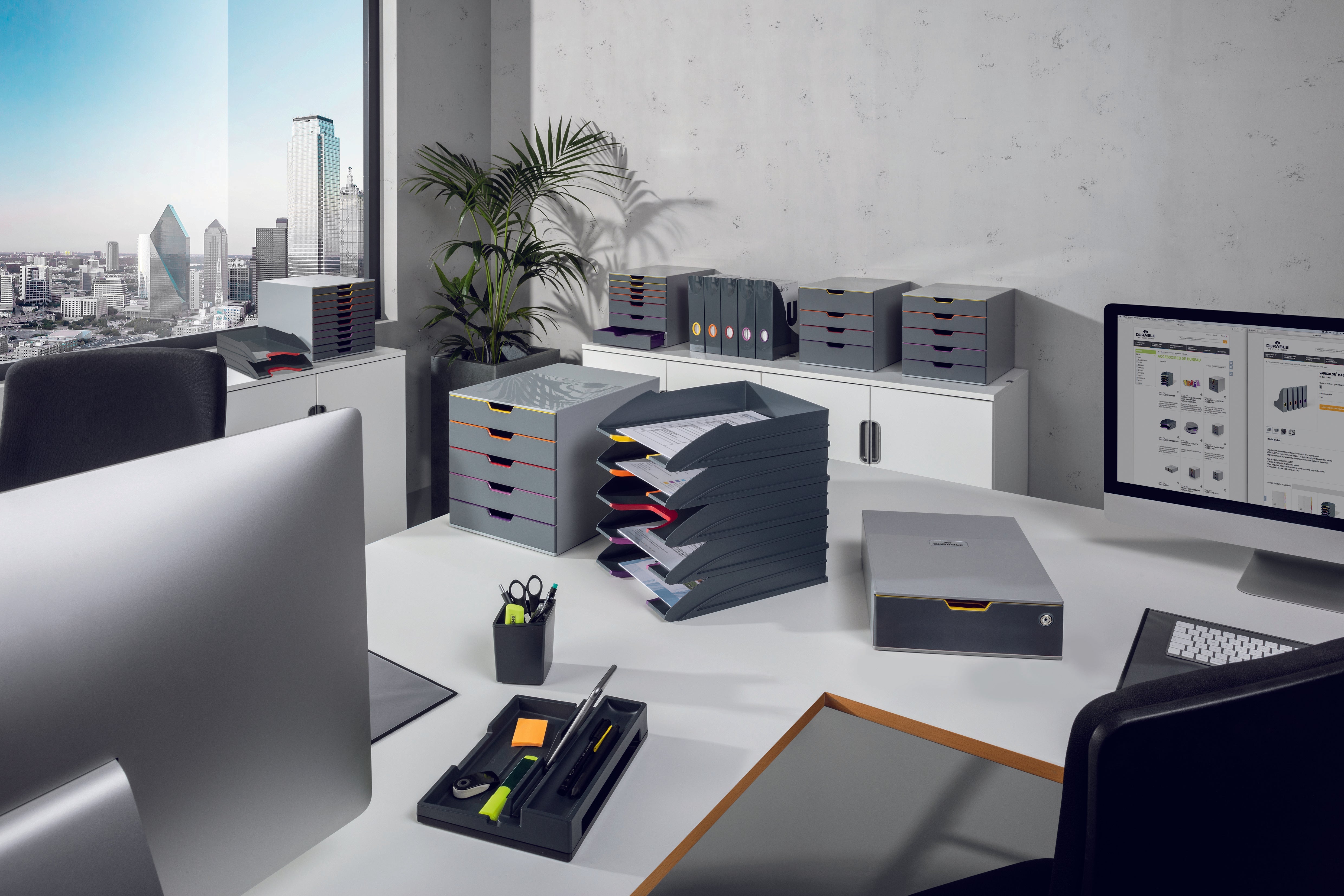 Office workspace with Varicolor desk drawers, office organizers and Laptop Stands