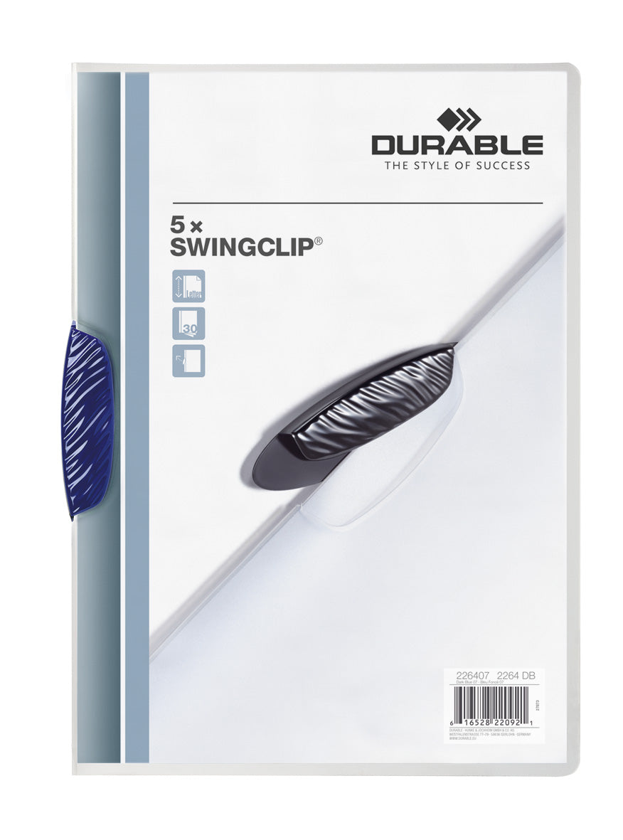 Durable SWINGCLIP Report Cover | Letter Size | 30 Sheet Capacity | Dark Blue Clip | 5 Pack