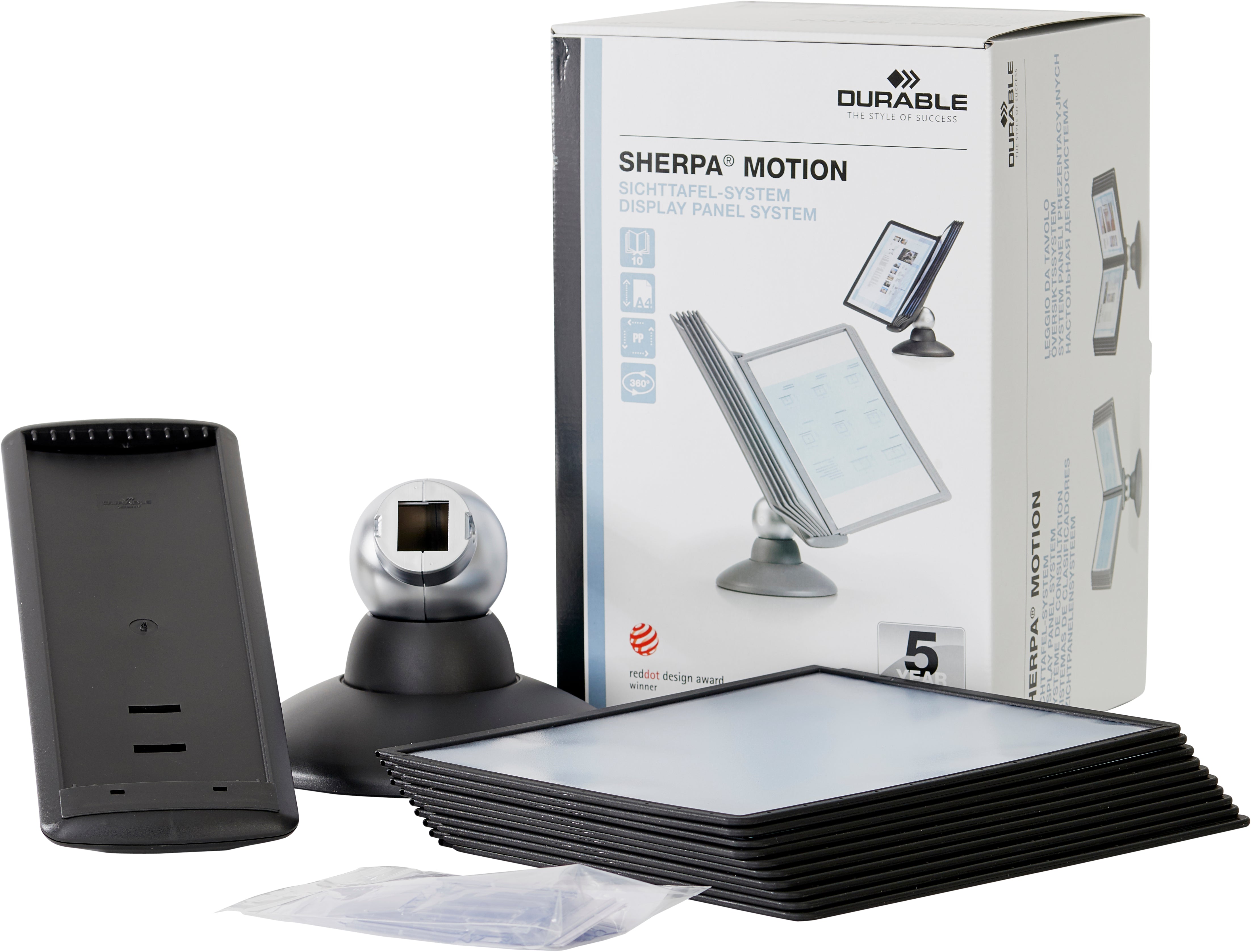 Durable SHERPA Motion Rotating Desktop Reference System | 10 Panels | Letter Size | Black