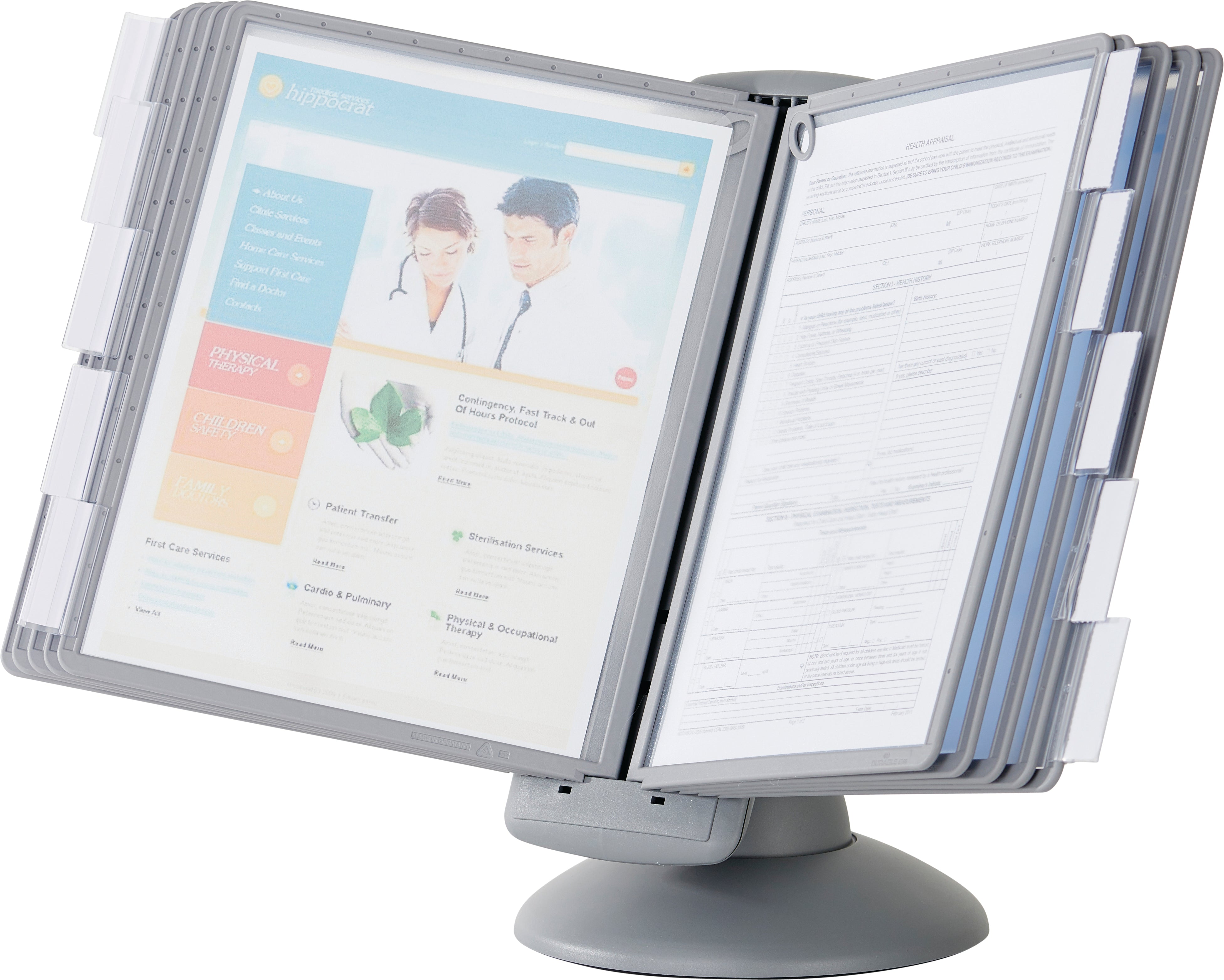 Durable SHERPA Motion Rotating Desktop Reference System | 10 Panels | Letter Size | Graphite