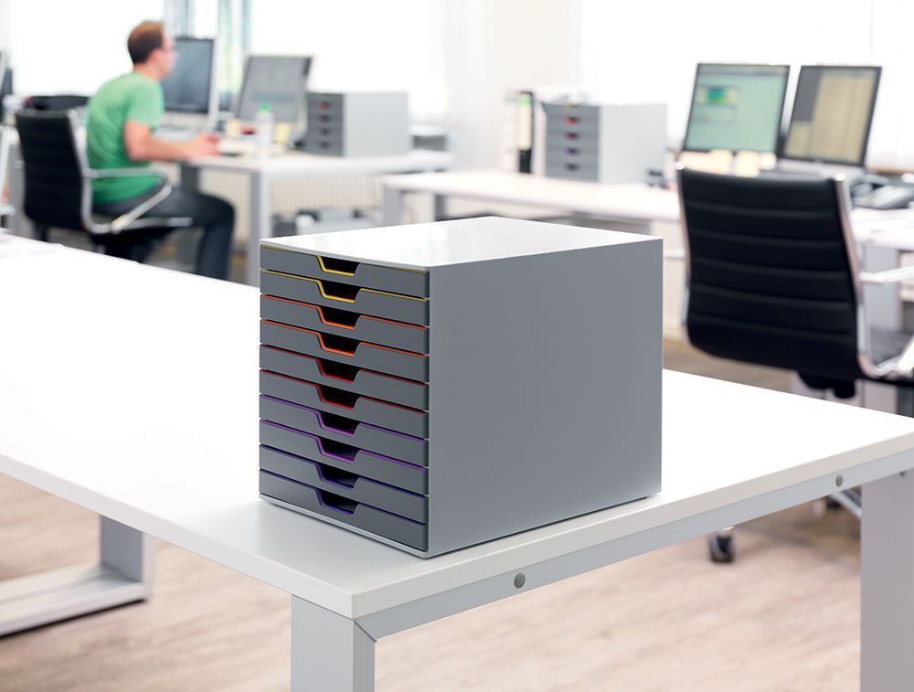 Durable VARICOLOR Desktop Organizer 10 Drawer Color Coded Modular Storage | Letter Size