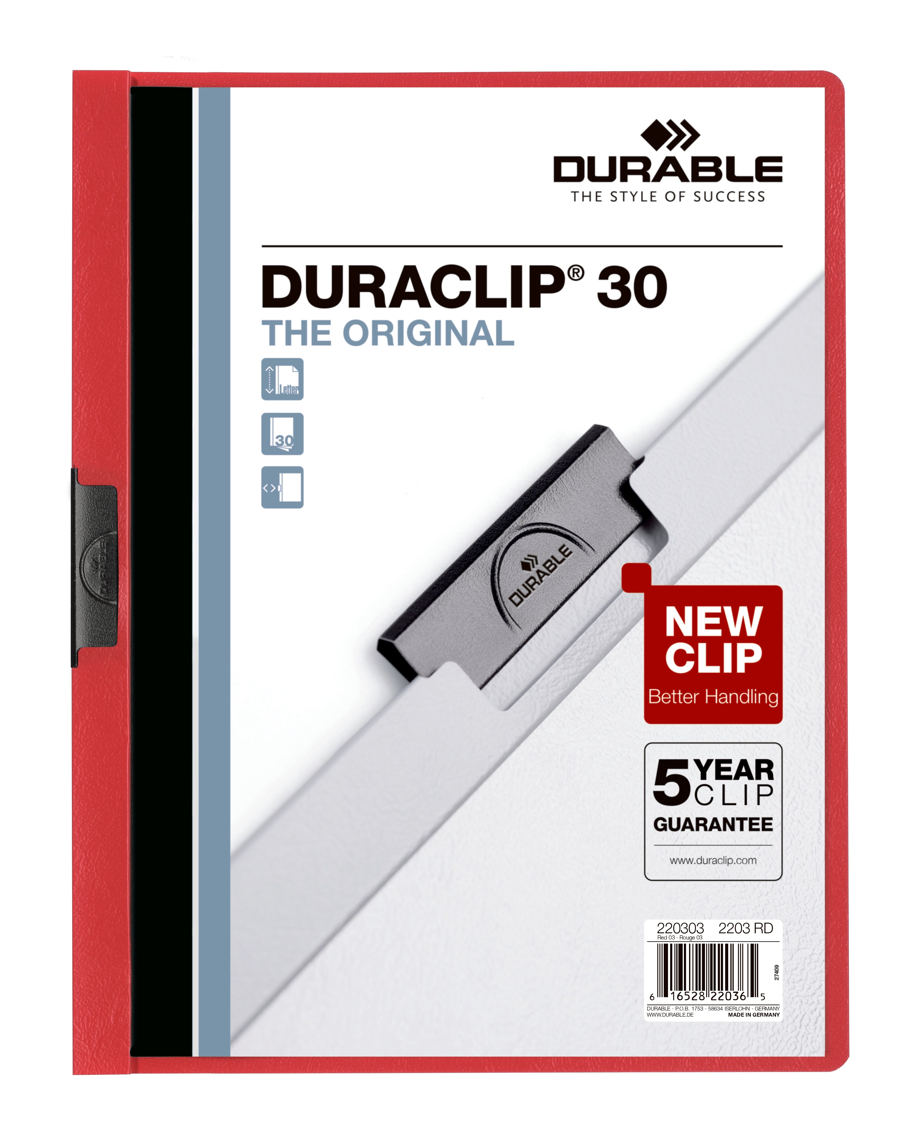 Durable DURACLIP Report Cover | Letter Size | 30 Sheet Capacity | Red | 25 Box
