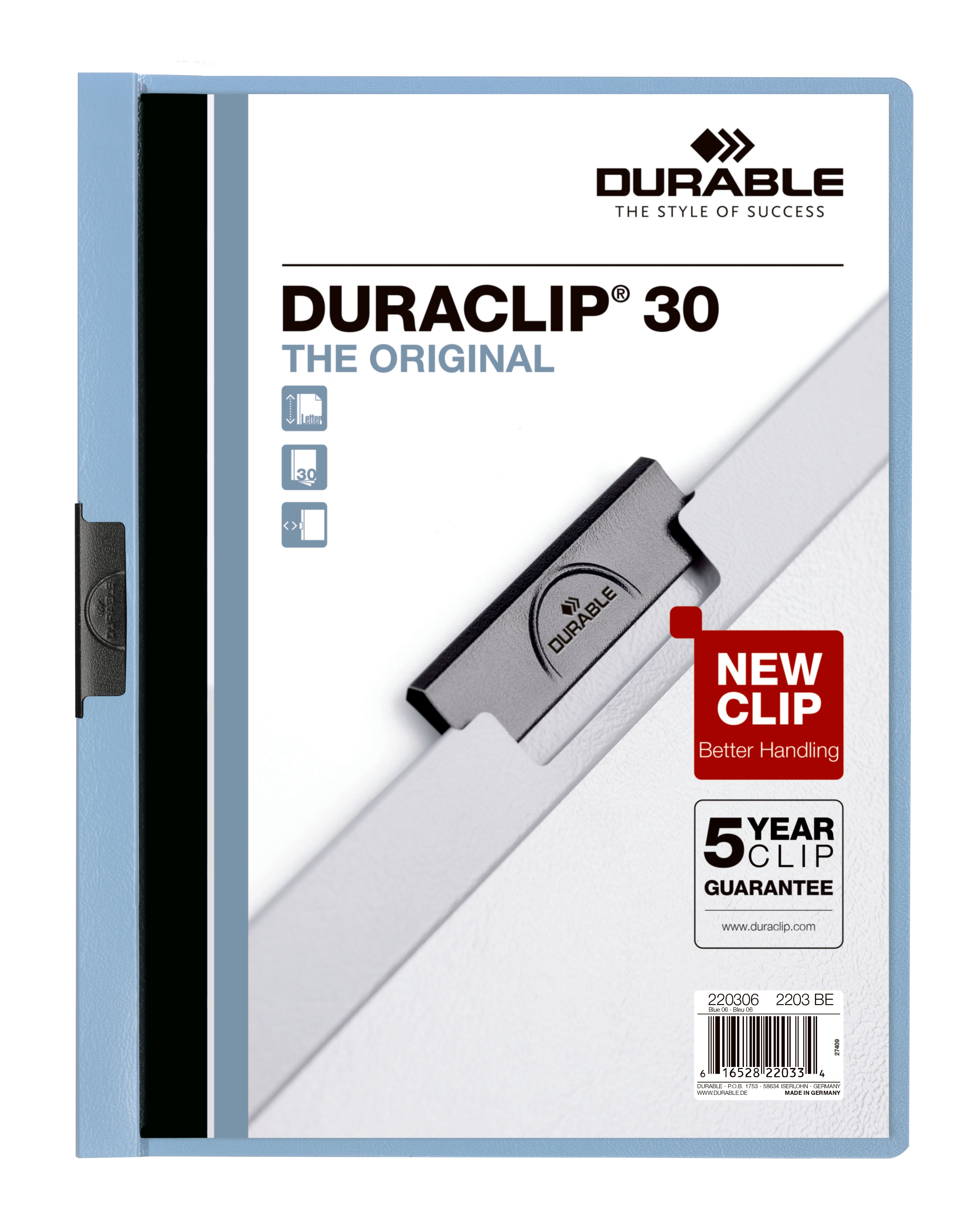 Durable DURACLIP Report Cover | Letter Size | 30 Sheet Capacity | Light Blue | 25 Box