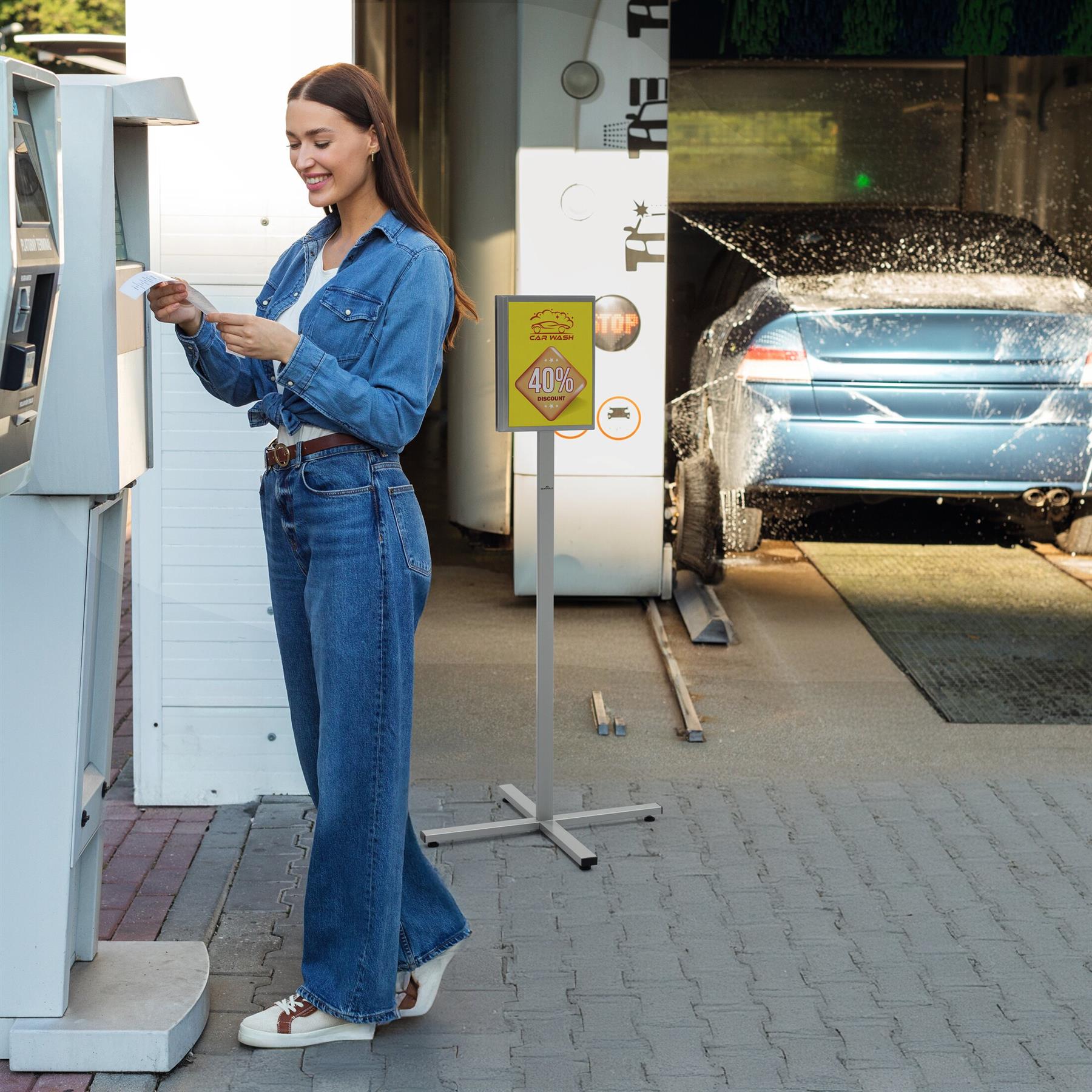 Durable INFO STAND OUTDOOR Stainless Steel Floor Sign | Letter Size Display Panel | Gray