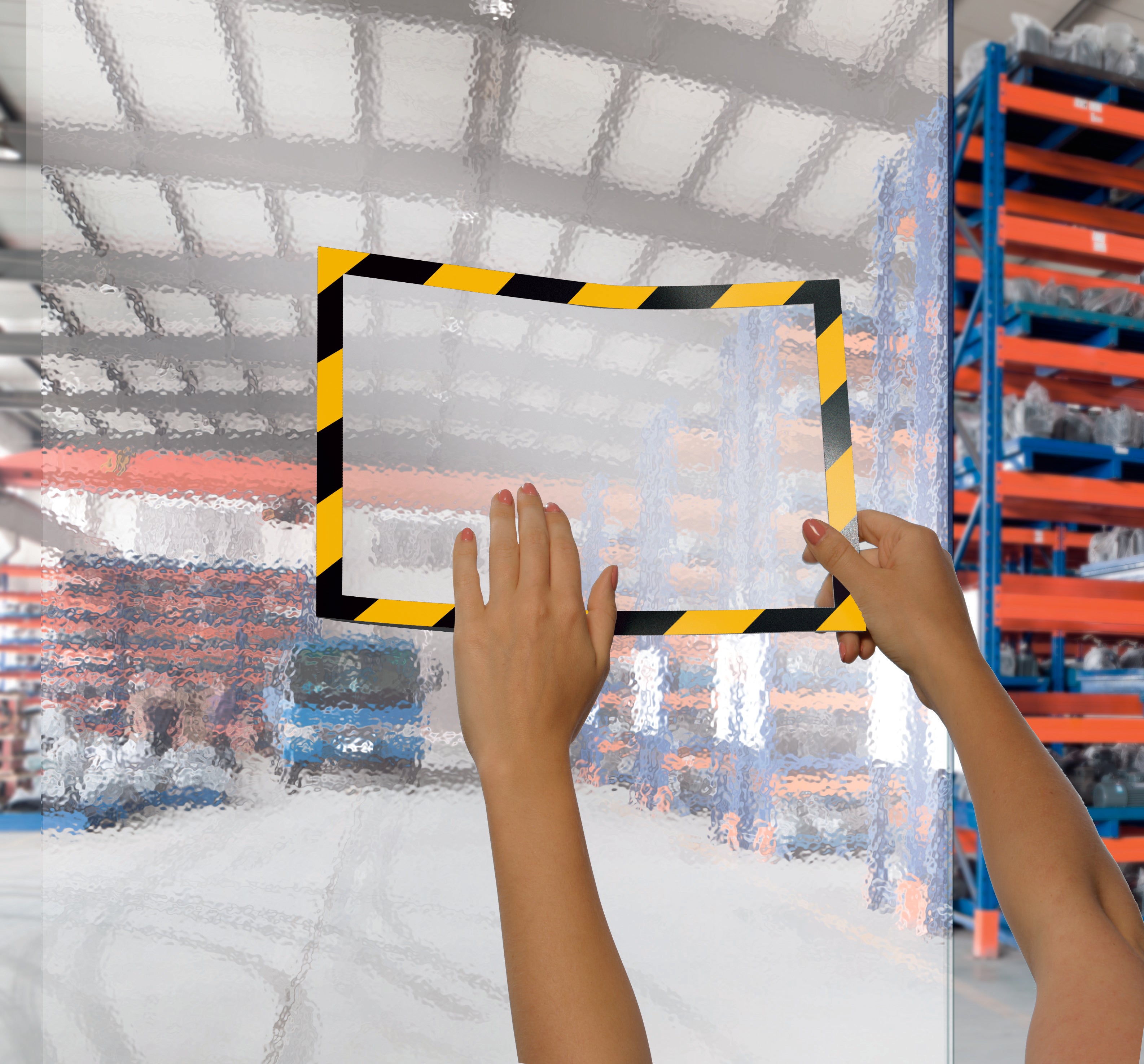 Durable DURAFRAME Security Self-Adhesive Sign Holder | Letter Size  8.5" x 11" | Yellow & Black | 2 Pack
