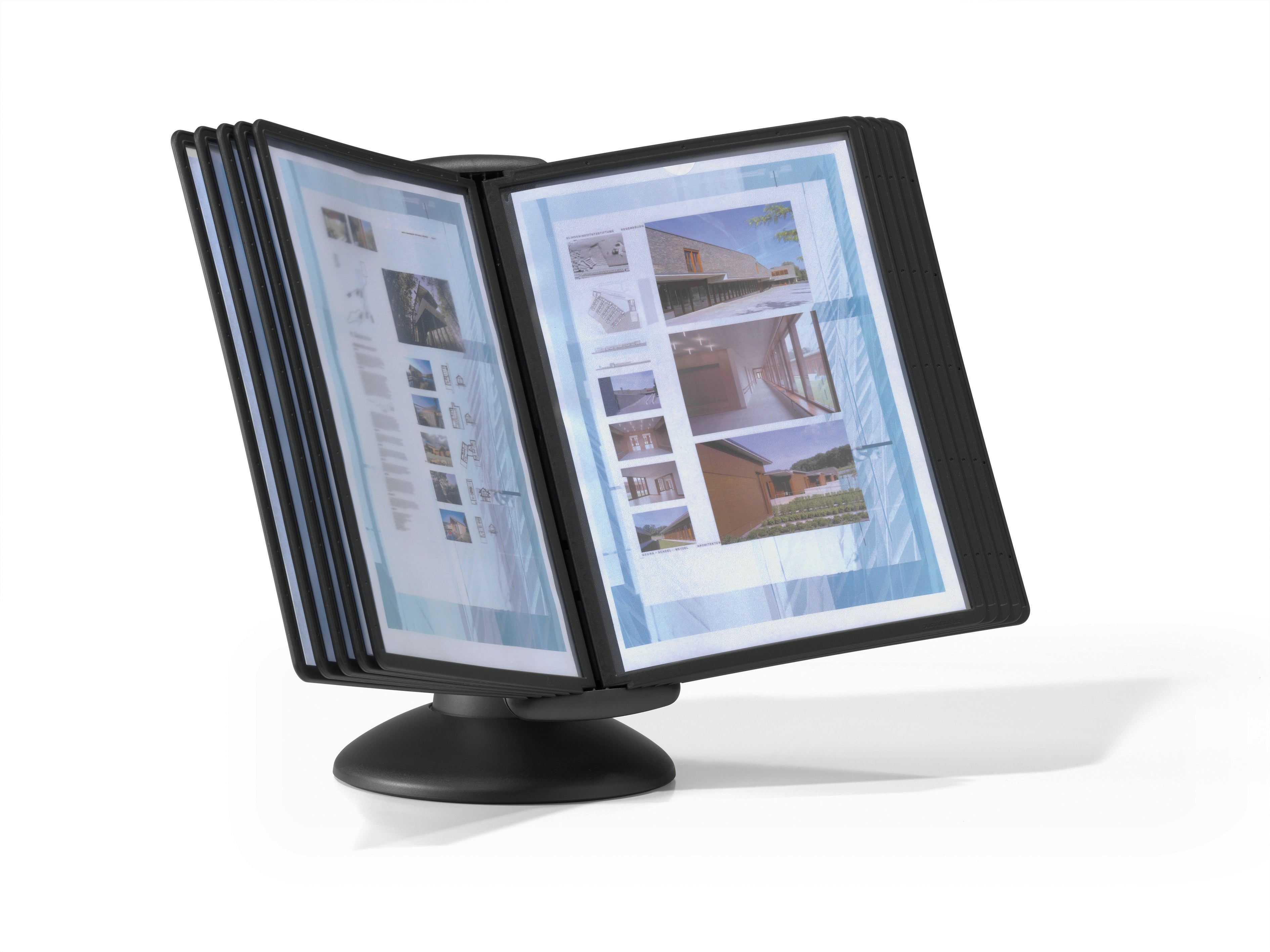 Durable SHERPA Motion Rotating Desktop Reference System | 10 Panels | Letter Size | Black