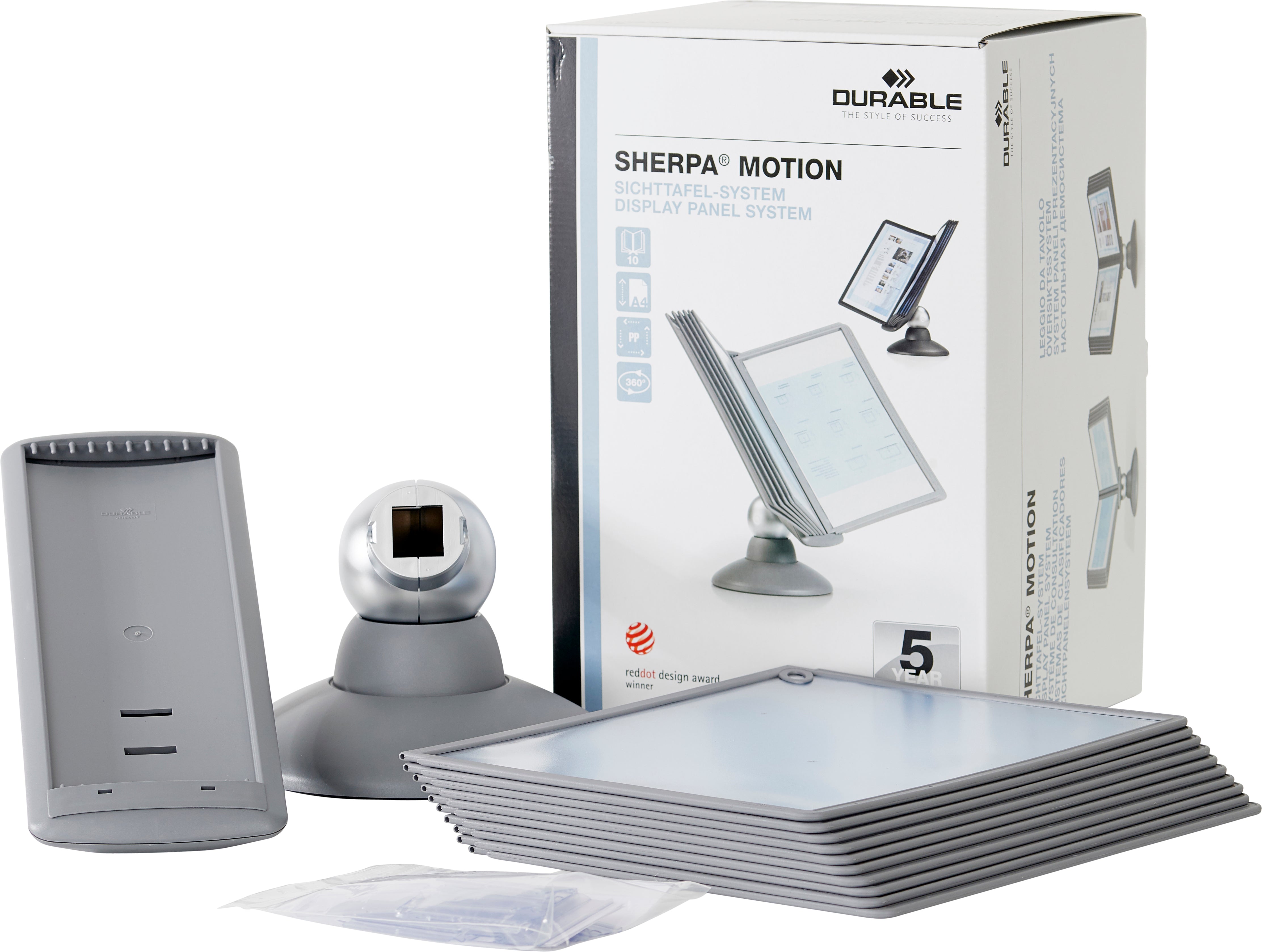 Durable SHERPA Motion Rotating Desktop Reference System | 10 Panels | Letter Size | Graphite