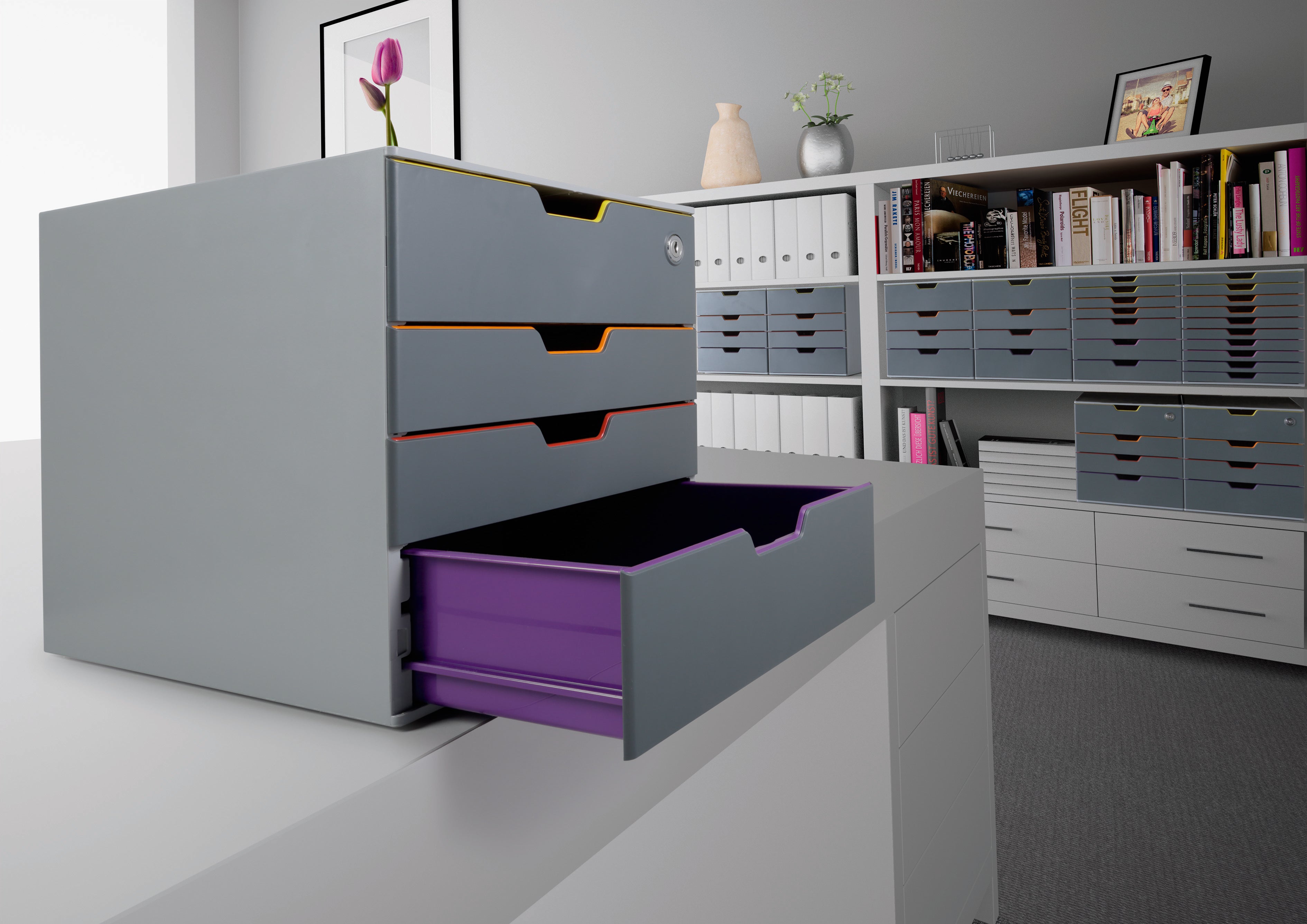 Durable VARICOLOR SAFE Gray 4 Top Drawer Lockable GDPR Color Coded Desktop Storage | Letter Size