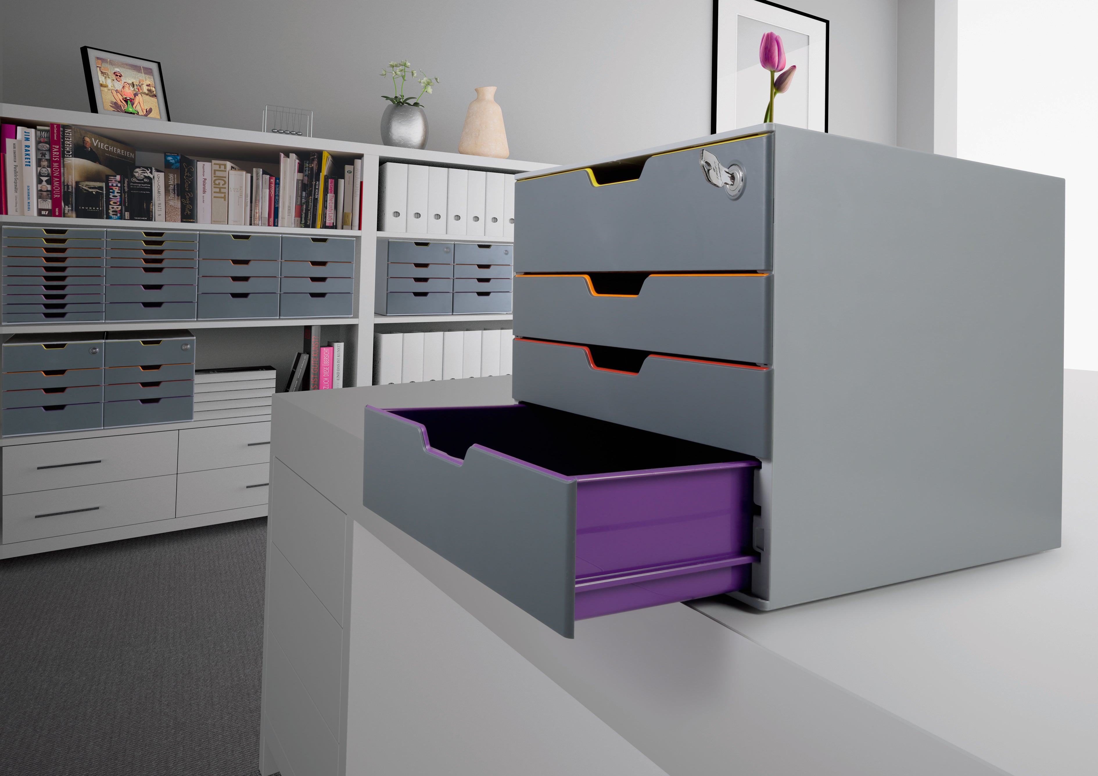 Durable VARICOLOR SAFE Gray 4 Top Drawer Lockable GDPR Color Coded Desktop Storage | Letter Size
